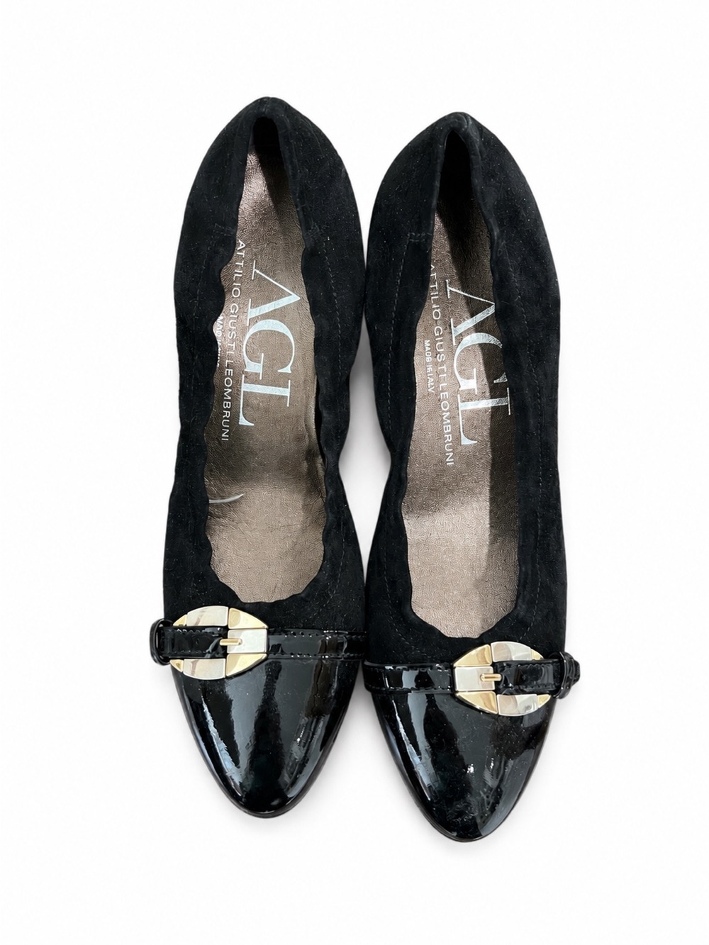 AGL Black Suede and Patent Leather Pointed-Toe Flats with Gold Buckle